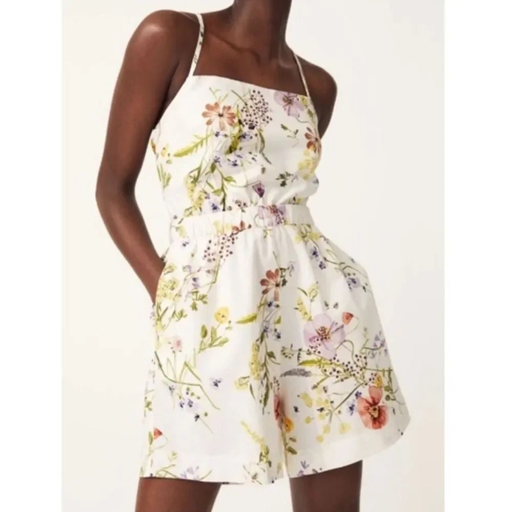 H&M Floral Linen Blend Romper Strappy Size XL Wildflower Meadow Collection New